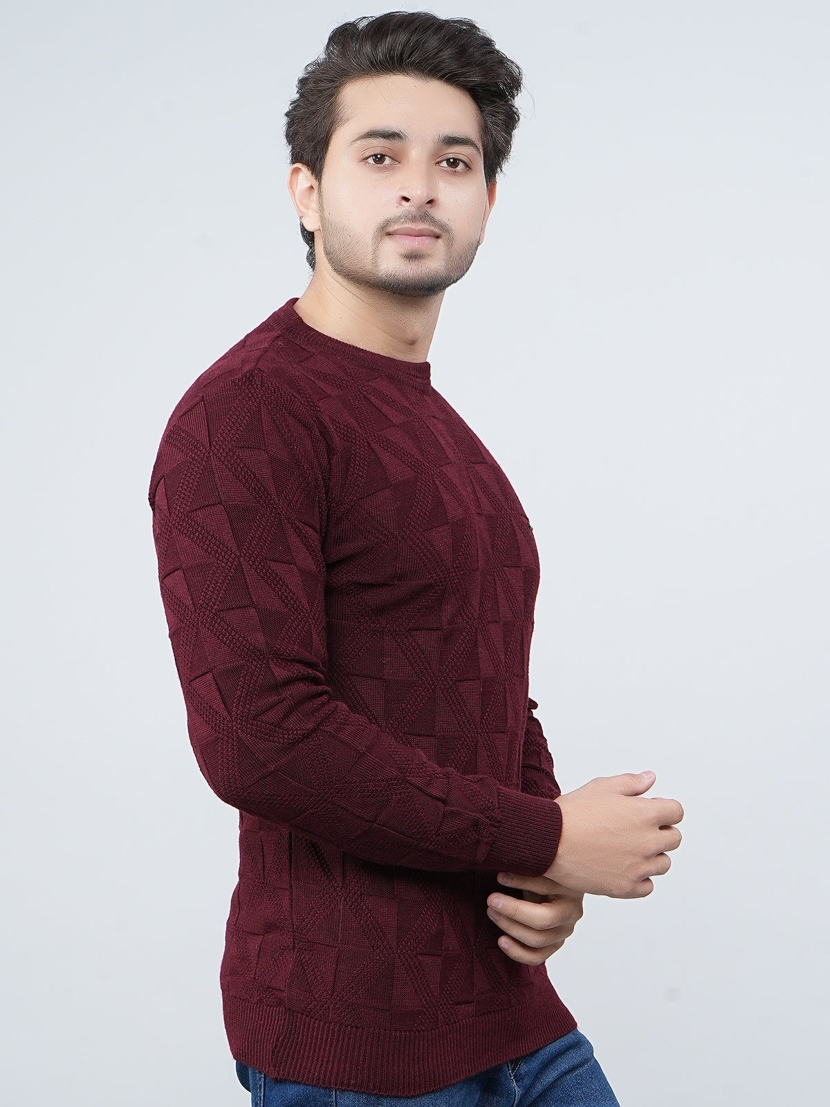 FEVERFEW Men Self Design Round Neck Sweater