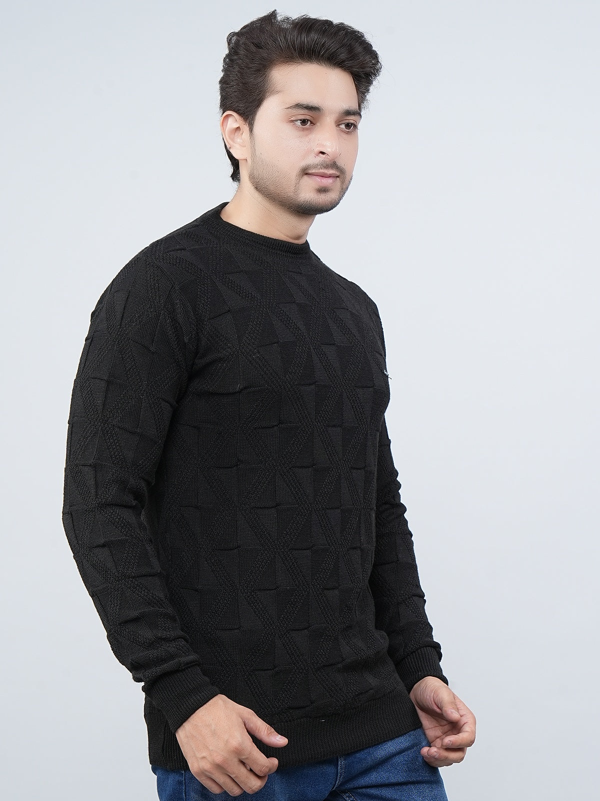 FEVERFEW Men Self Design Round Neck Sweater