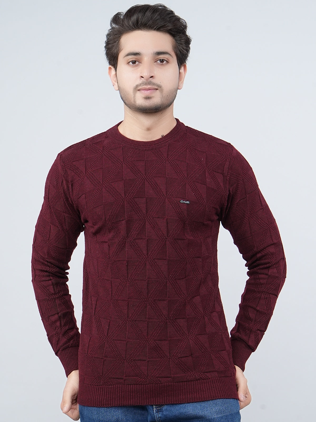 FEVERFEW Men Self Design Round Neck Sweater