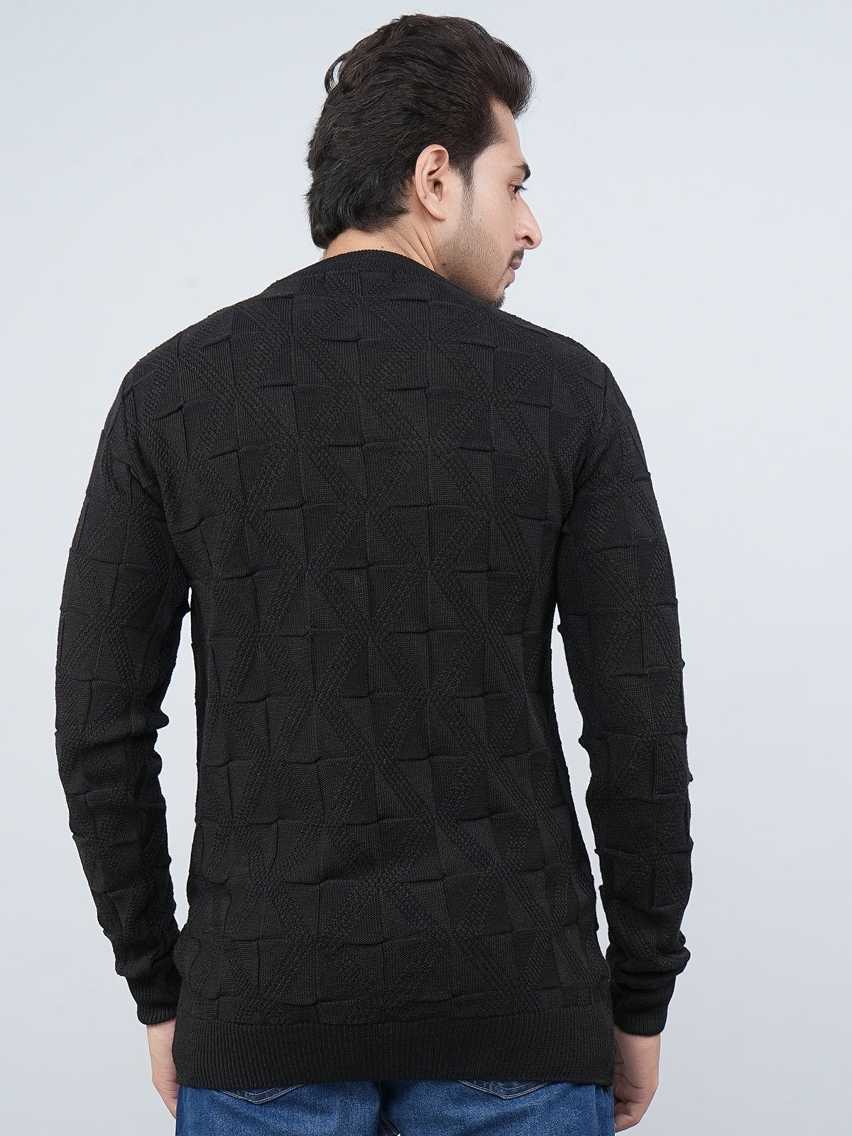 FEVERFEW Men Self Design Round Neck Sweater