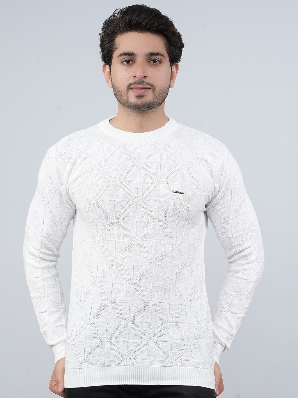 FEVERFEW Men Self Design Round Neck Sweater