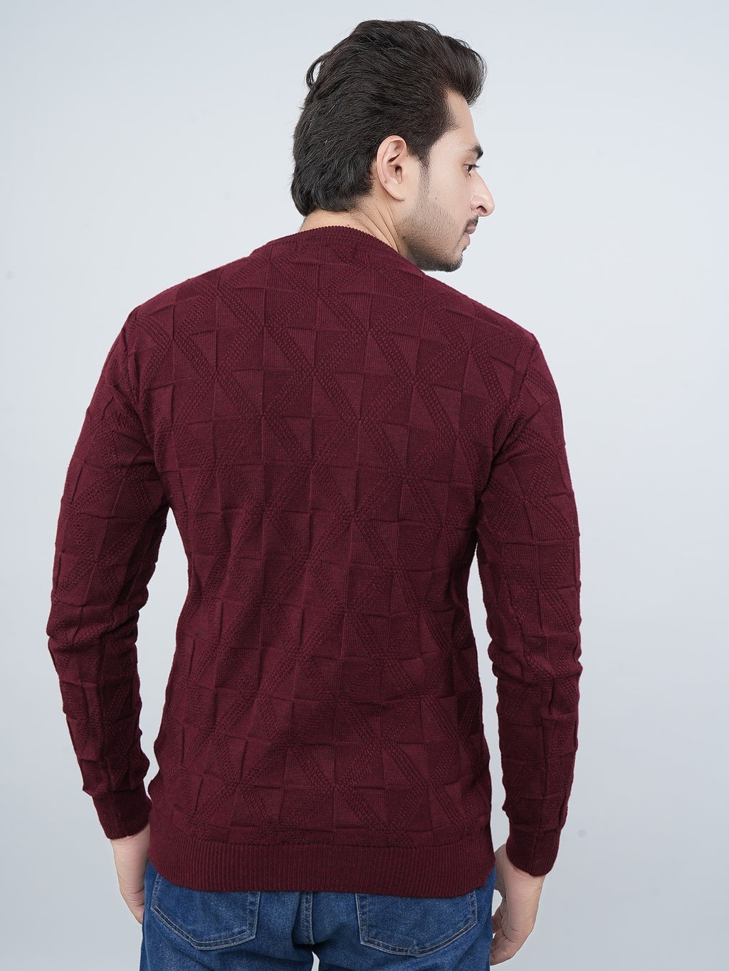 FEVERFEW Men Self Design Round Neck Sweater