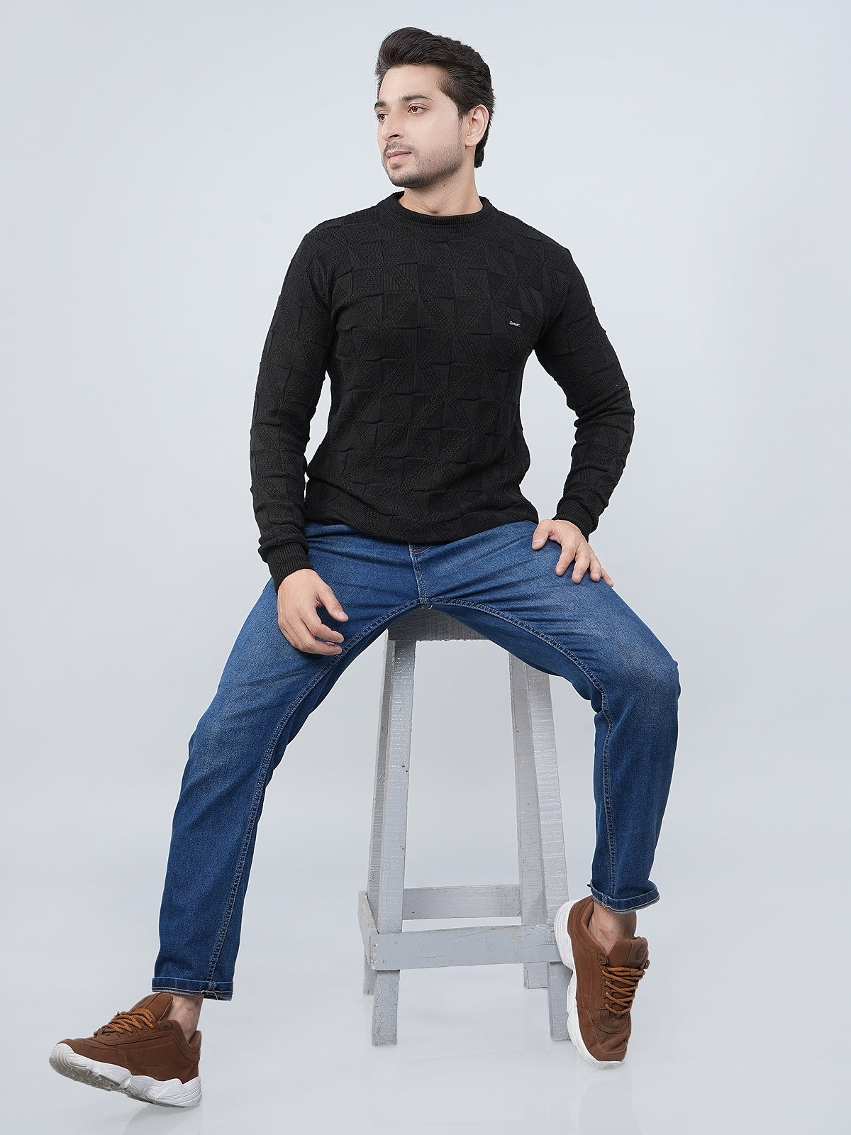 FEVERFEW Men Self Design Round Neck Sweater
