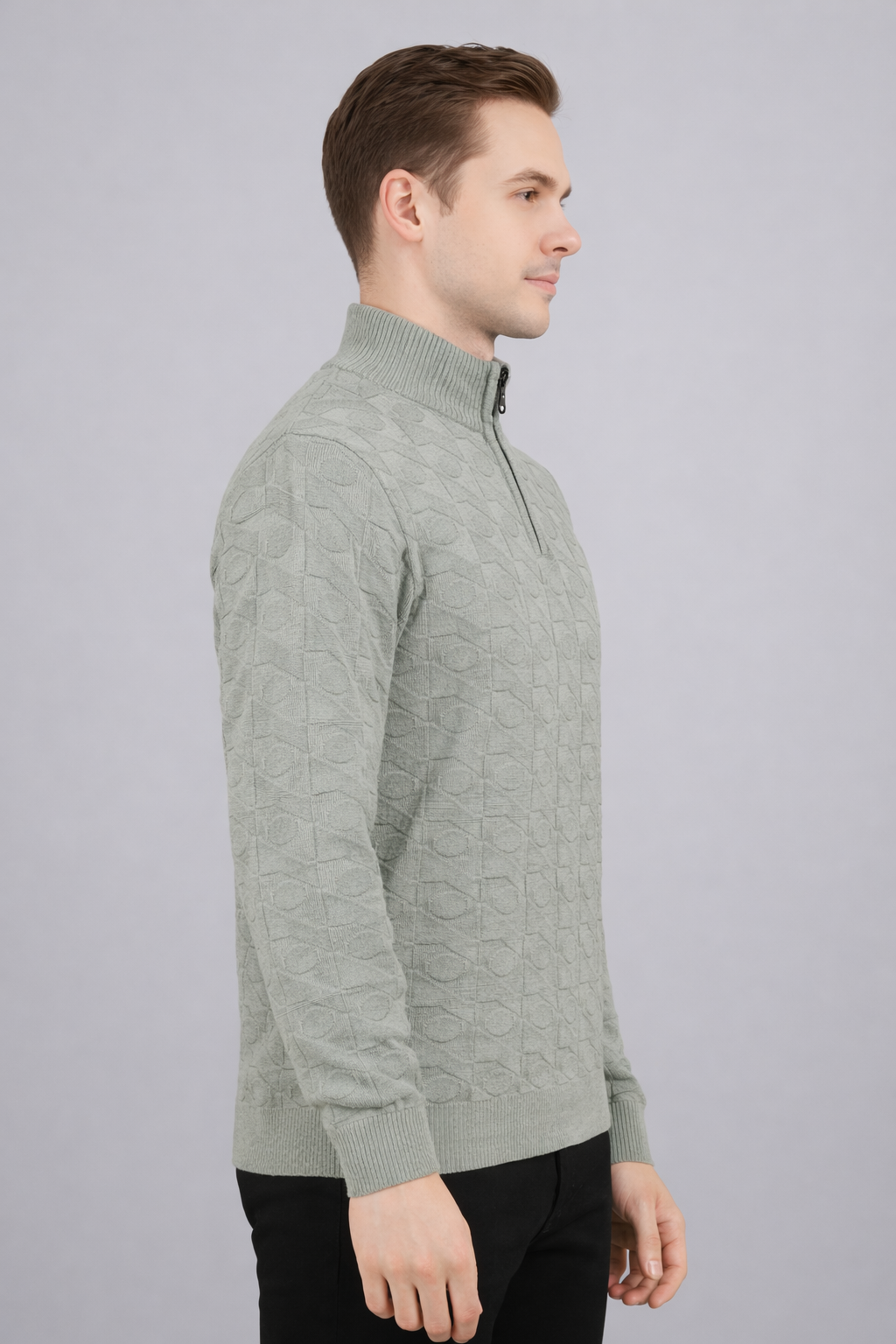 FEVERFEW Men Self Design High Neck Half Zip Sweater