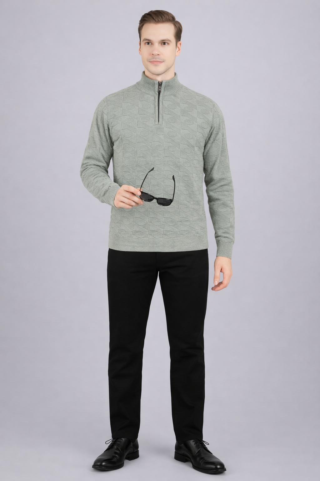 FEVERFEW Men Self Design High Neck Half Zip Sweater
