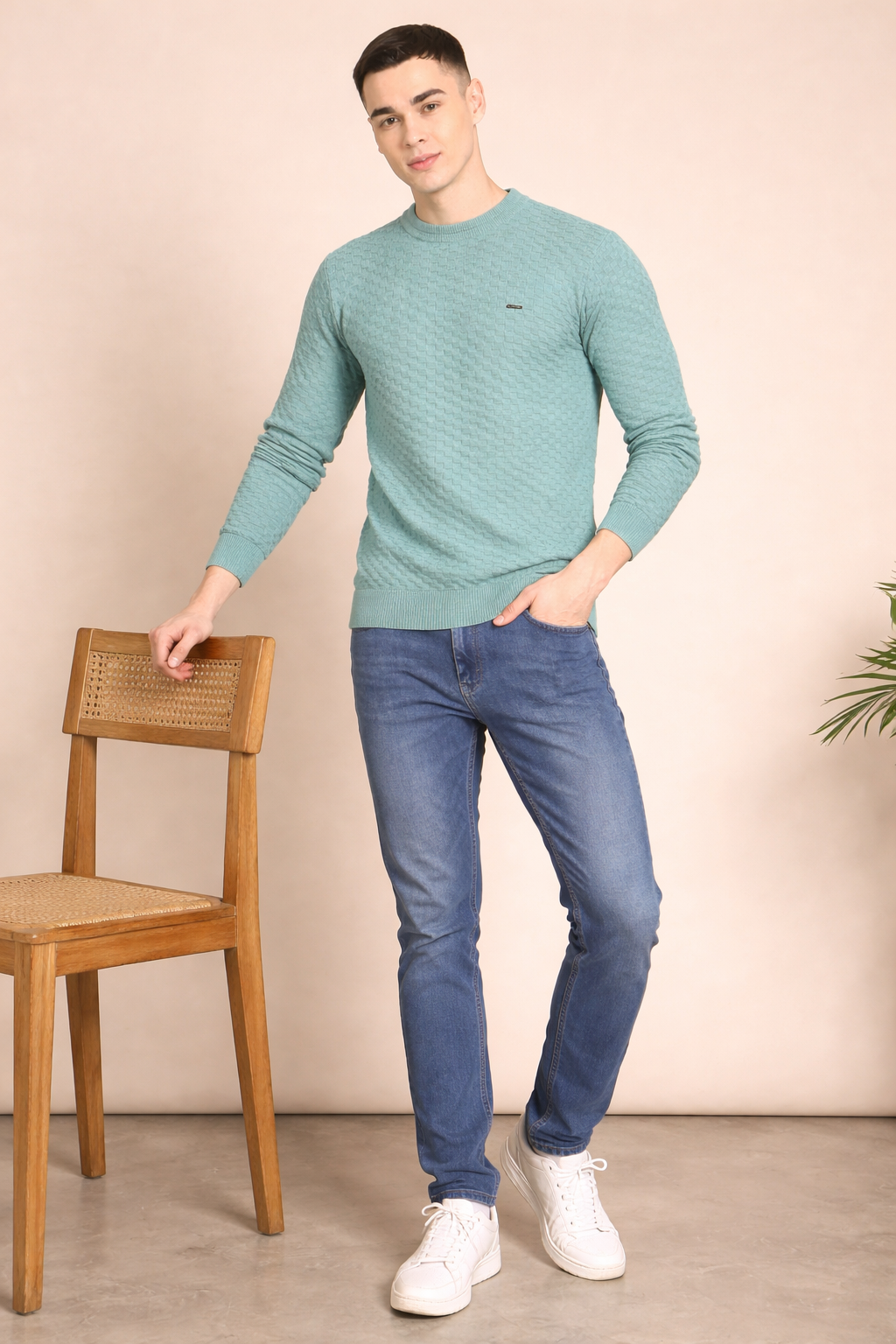 FEVERFEW Men Self Design Round Neck Sweater