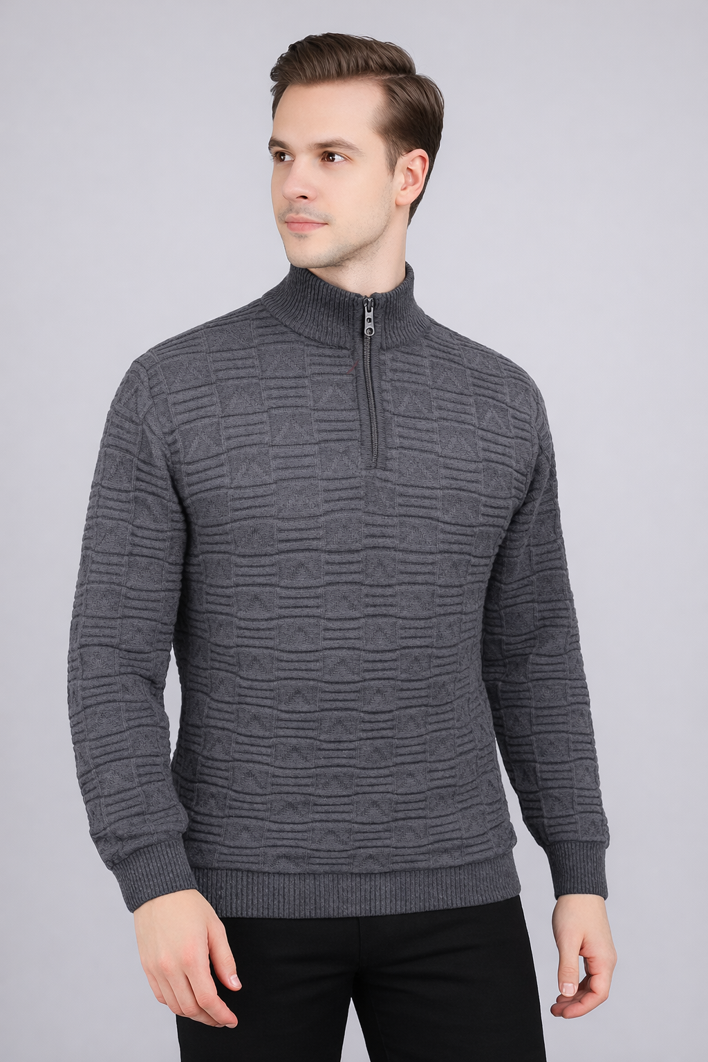 FEVERFEW Men Self Design High Neck Half Zip Sweater