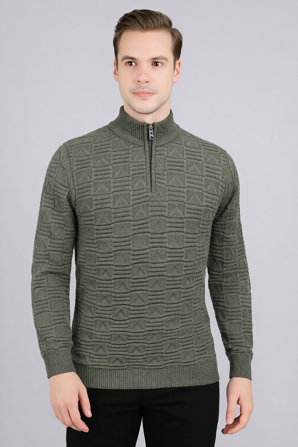 FEVERFEW Men Self Design High Neck Half Zip Sweater