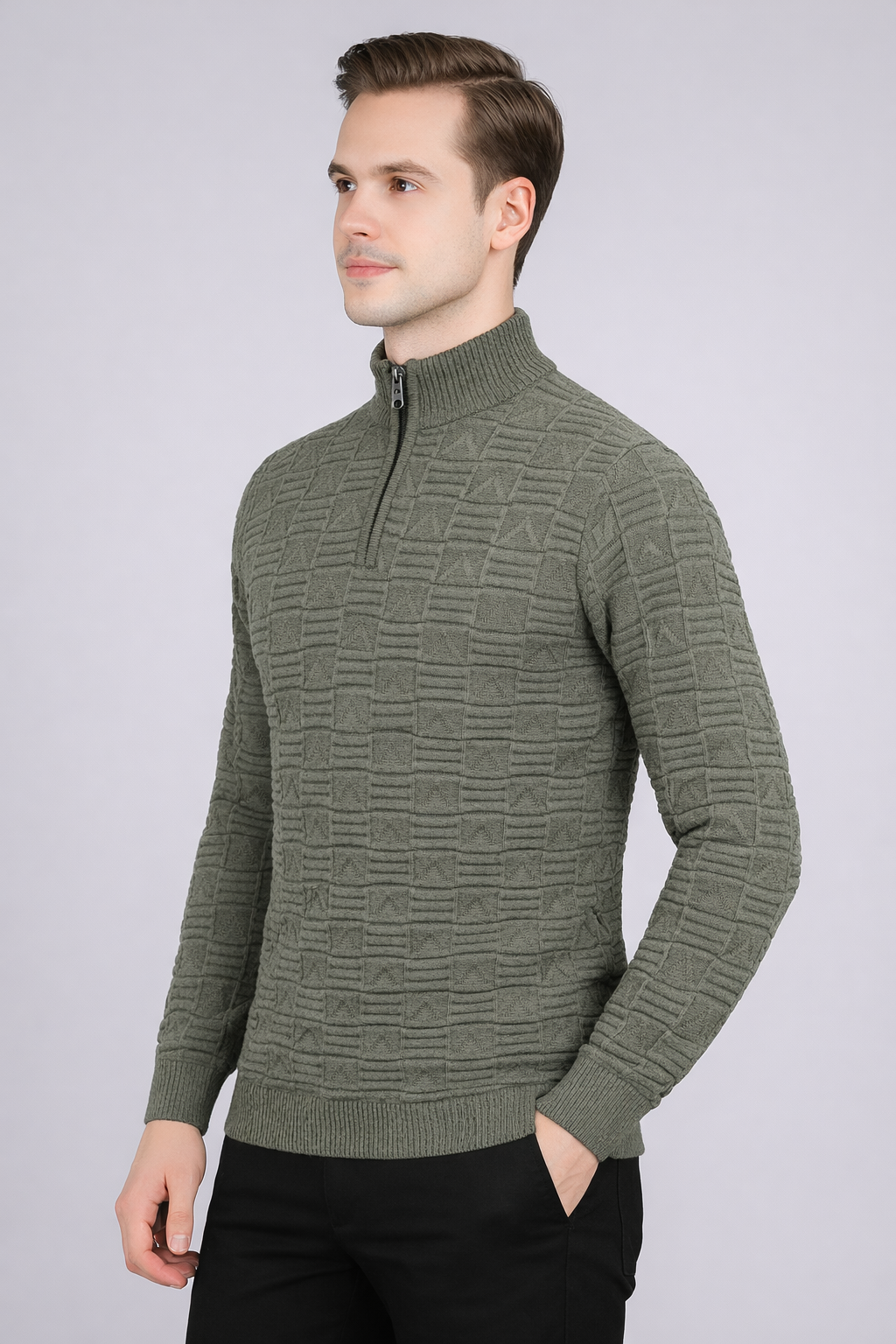 FEVERFEW Men Self Design High Neck Half Zip Sweater