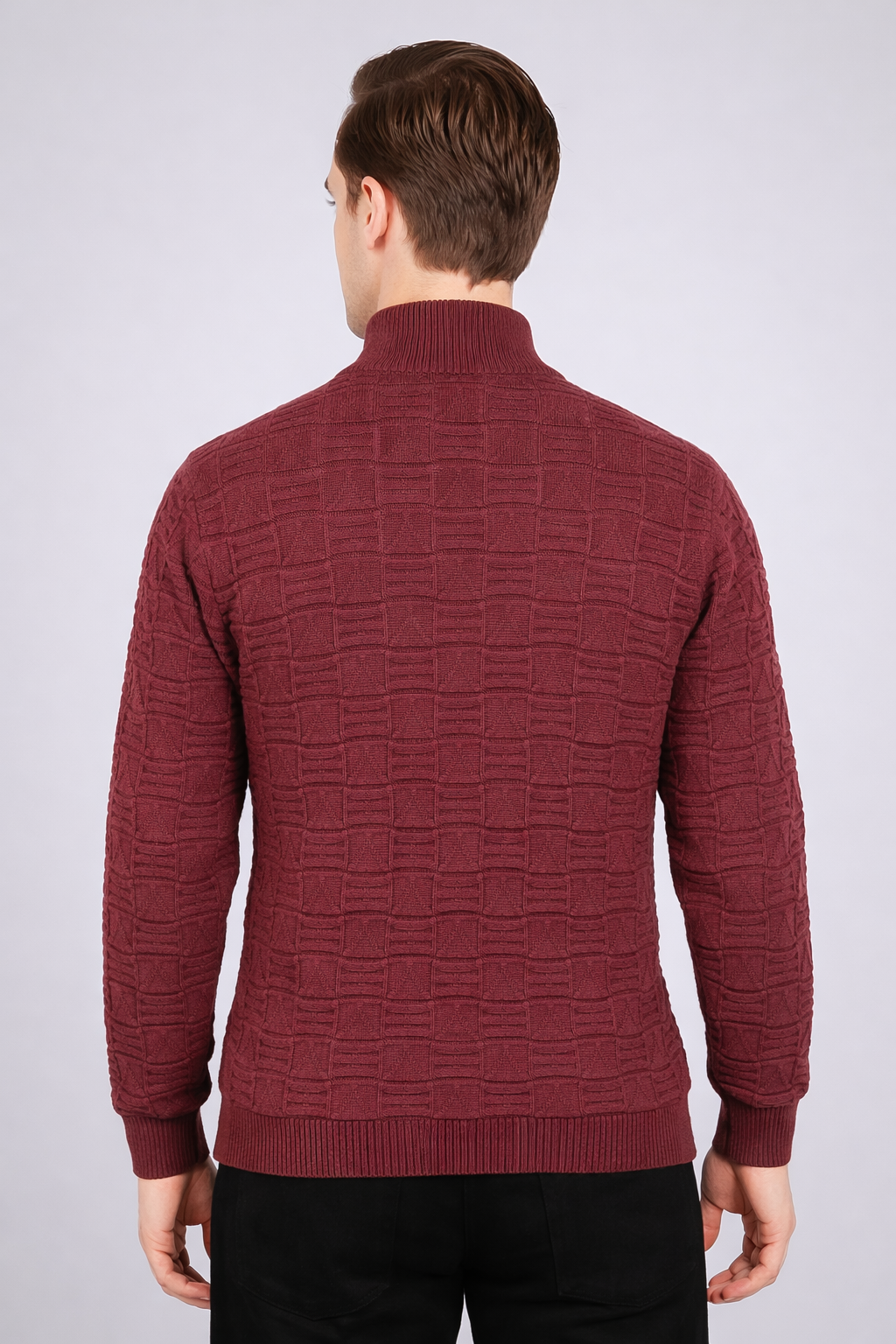 FEVERFEW Men Self Design High Neck Half Zip Sweater