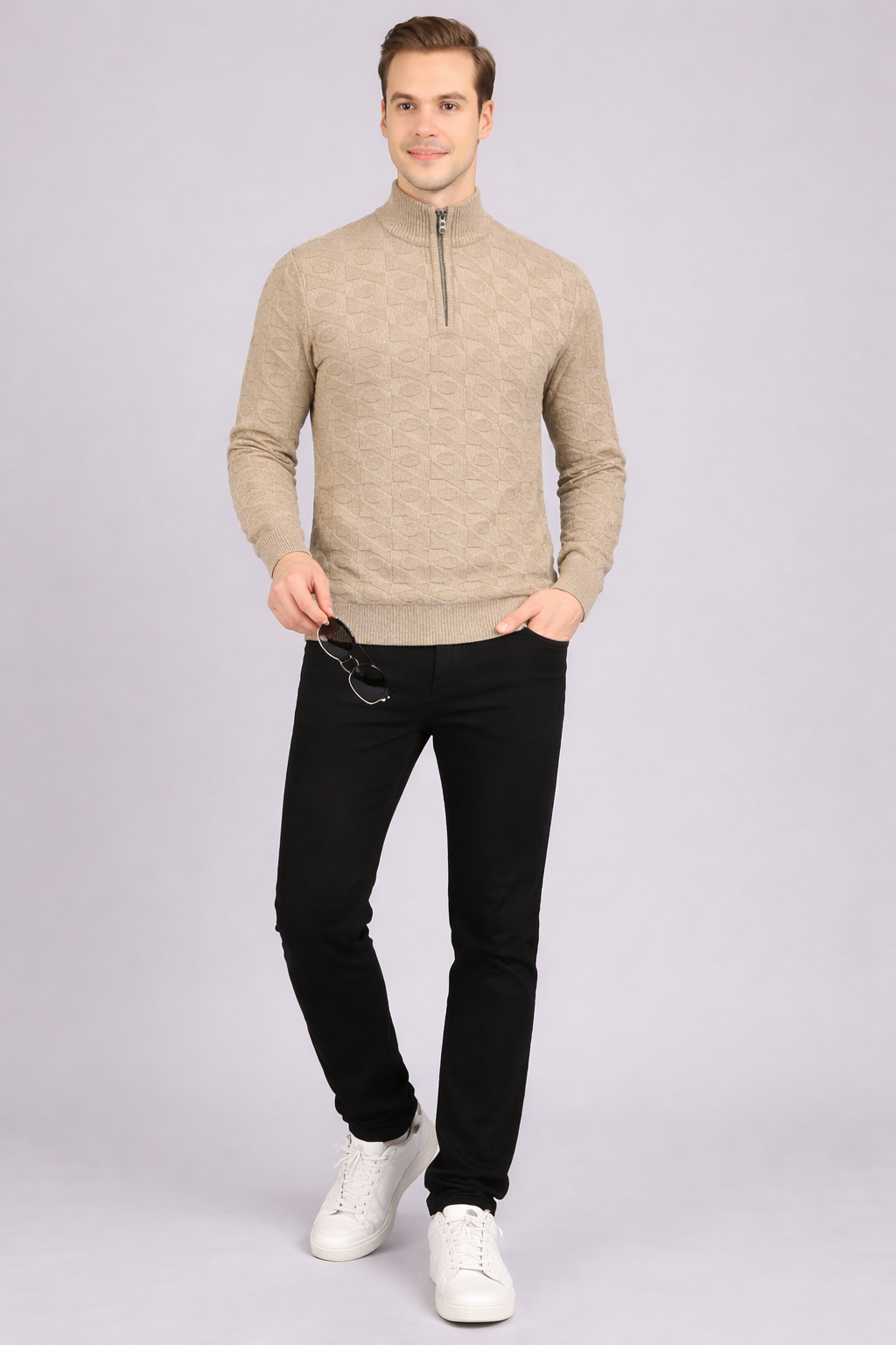 FEVERFEW Men Self Design High Neck Half Zip Sweater