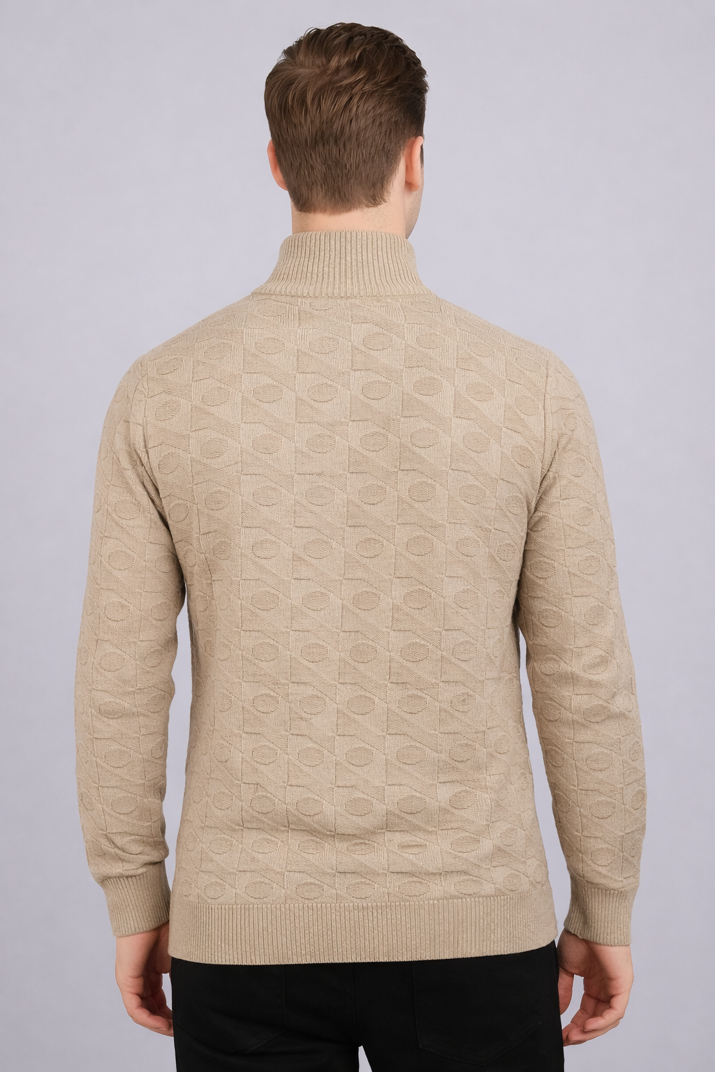 FEVERFEW Men Self Design High Neck Half Zip Sweater