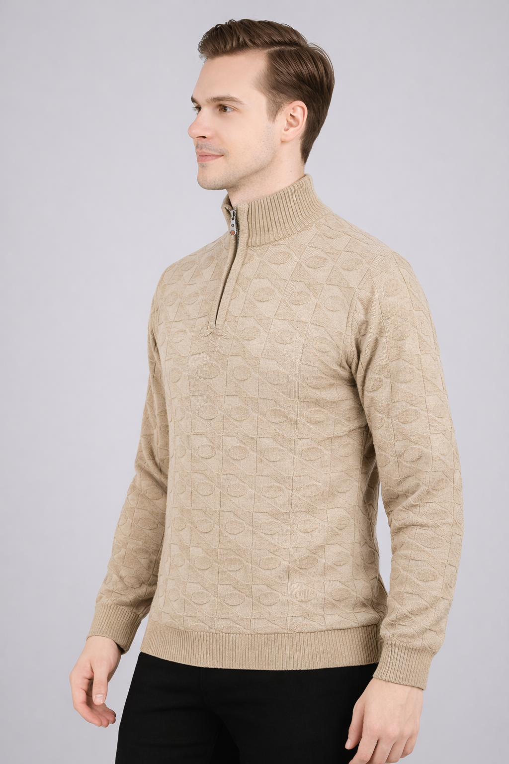 FEVERFEW Men Self Design High Neck Half Zip Sweater