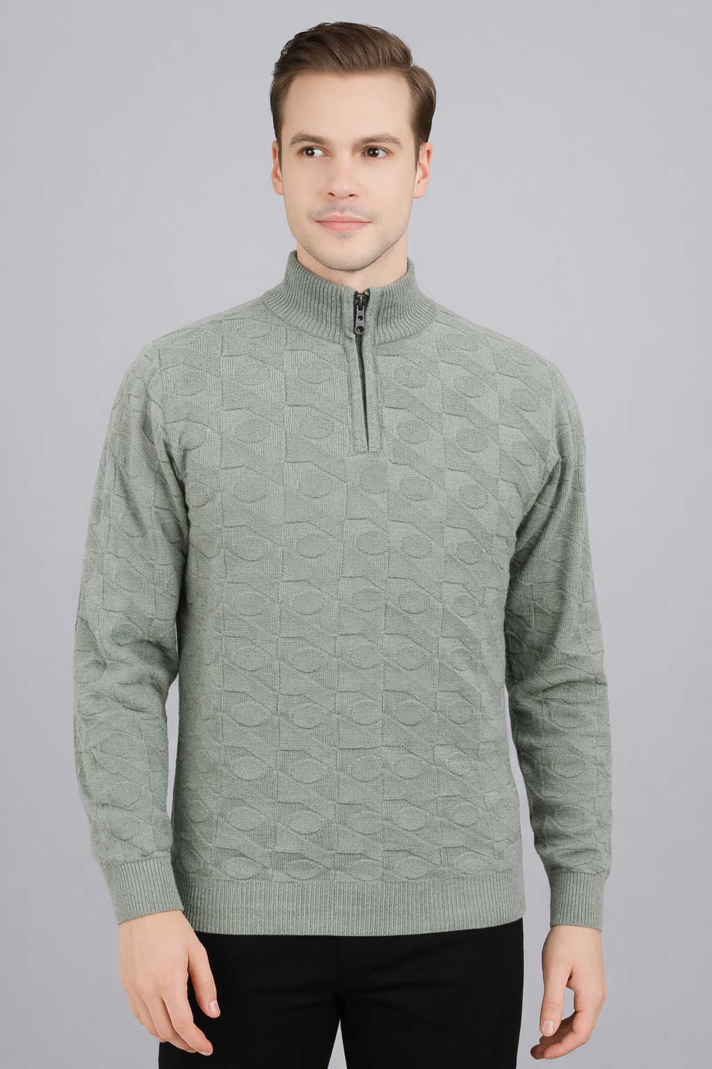 FEVERFEW Men Self Design High Neck Half Zip Sweater