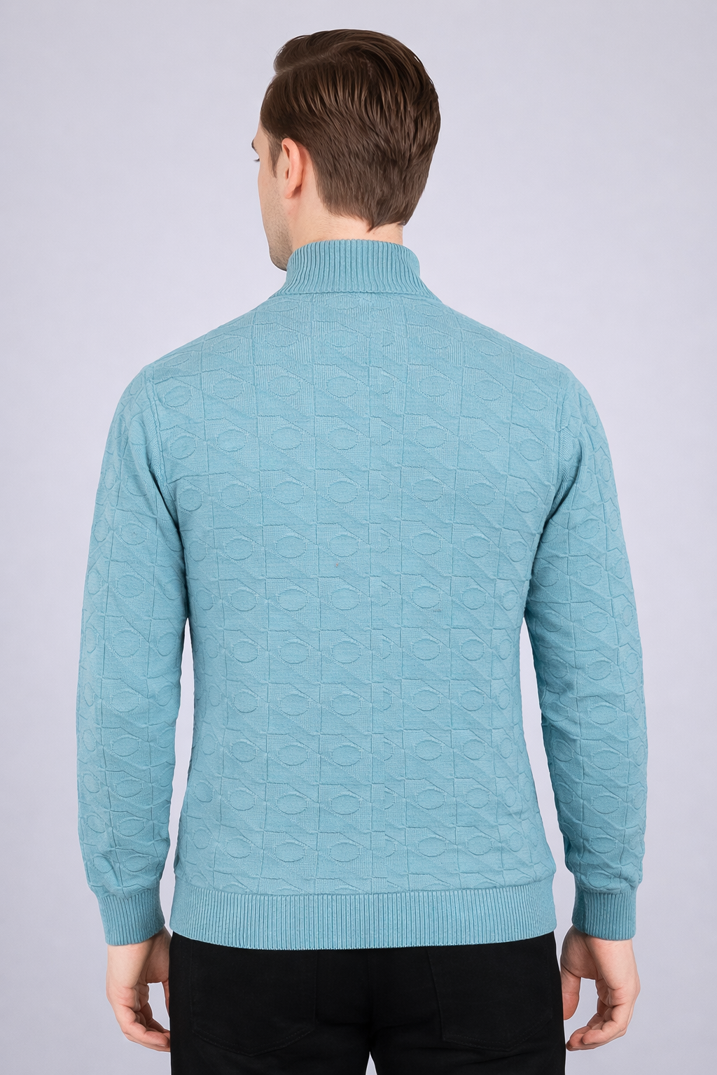 FEVERFEW Men Self Design High Neck Half Zip Sweater
