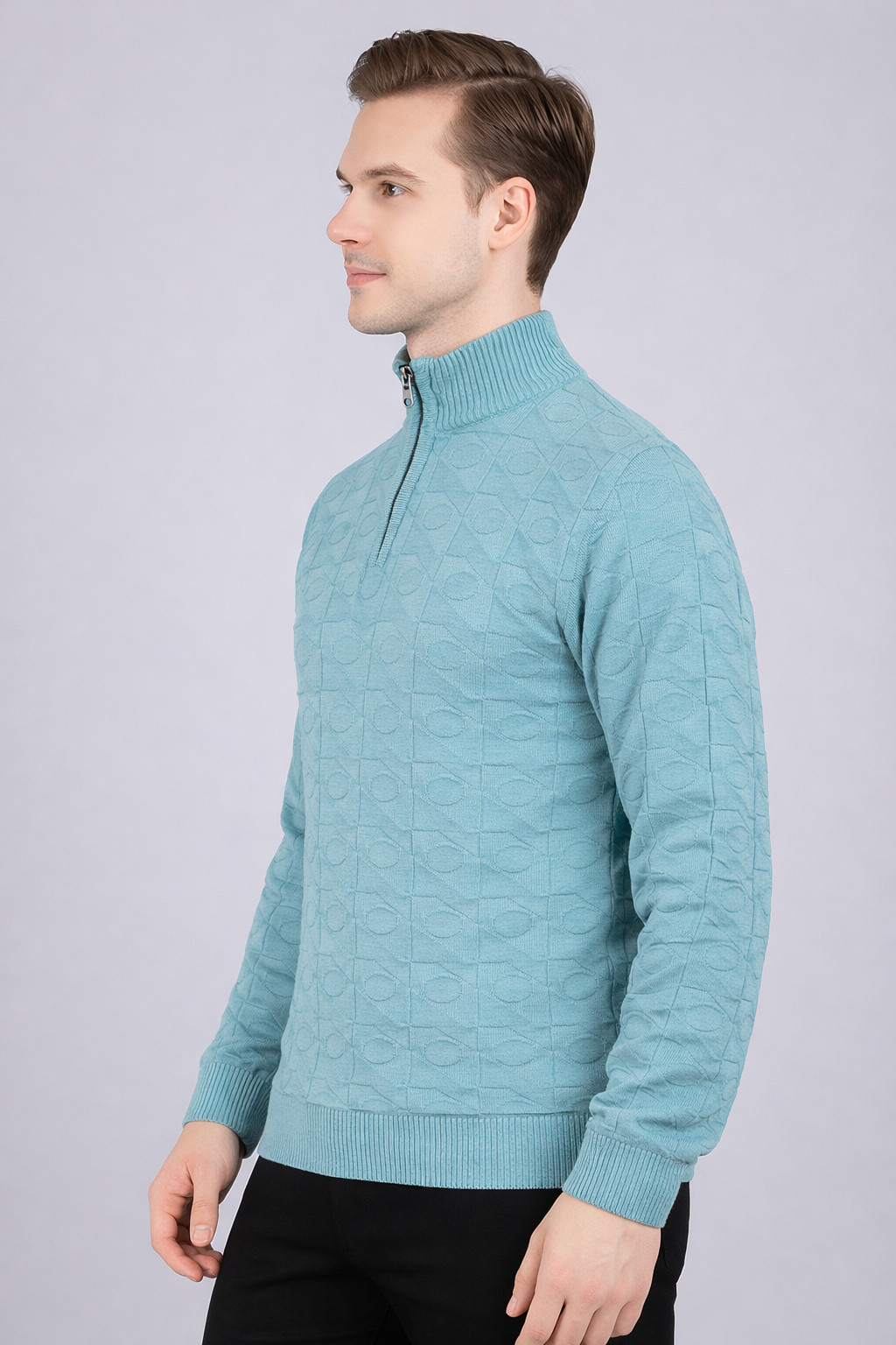 FEVERFEW Men Self Design High Neck Half Zip Sweater