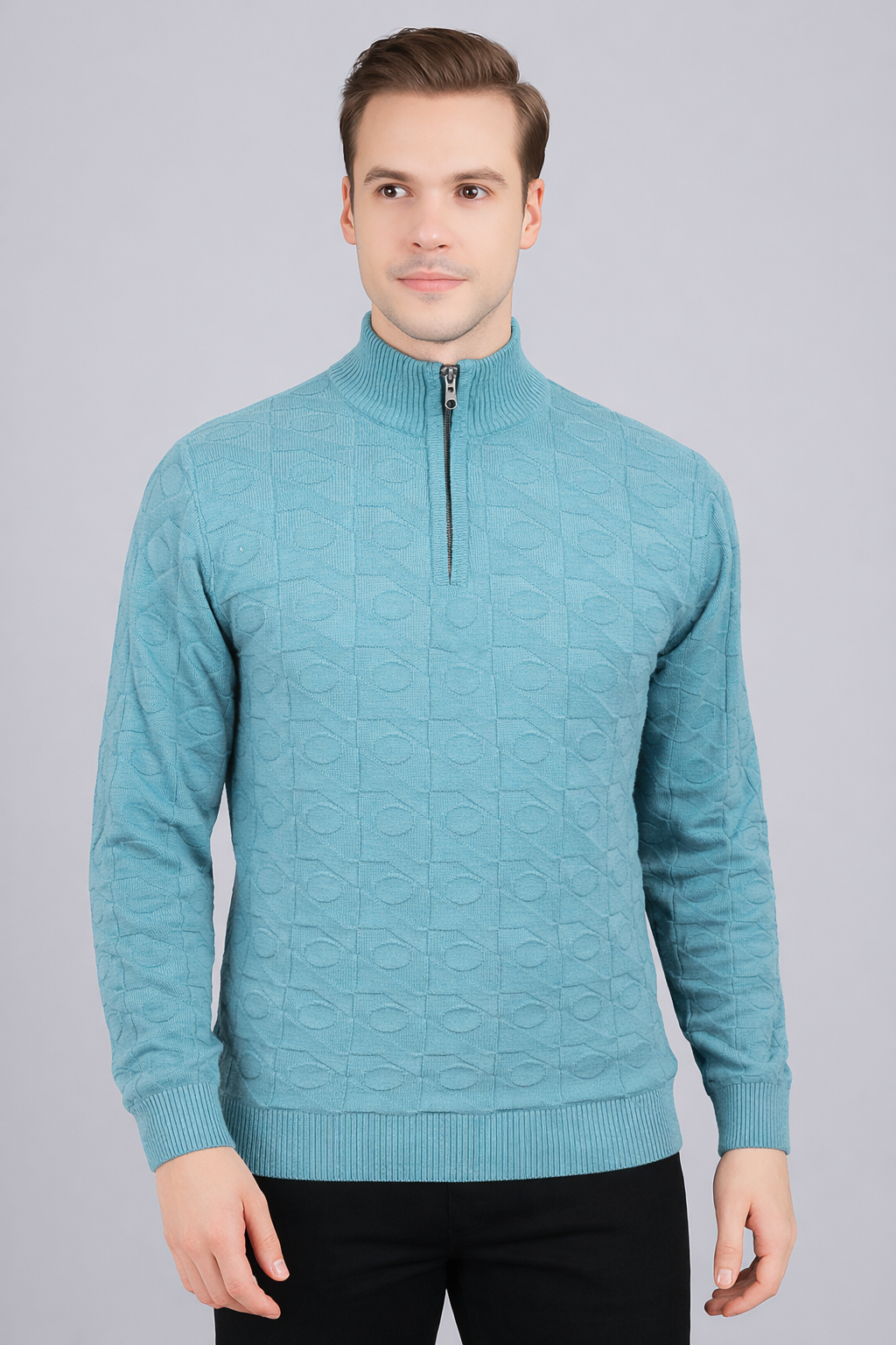 FEVERFEW Men Self Design High Neck Half Zip Sweater