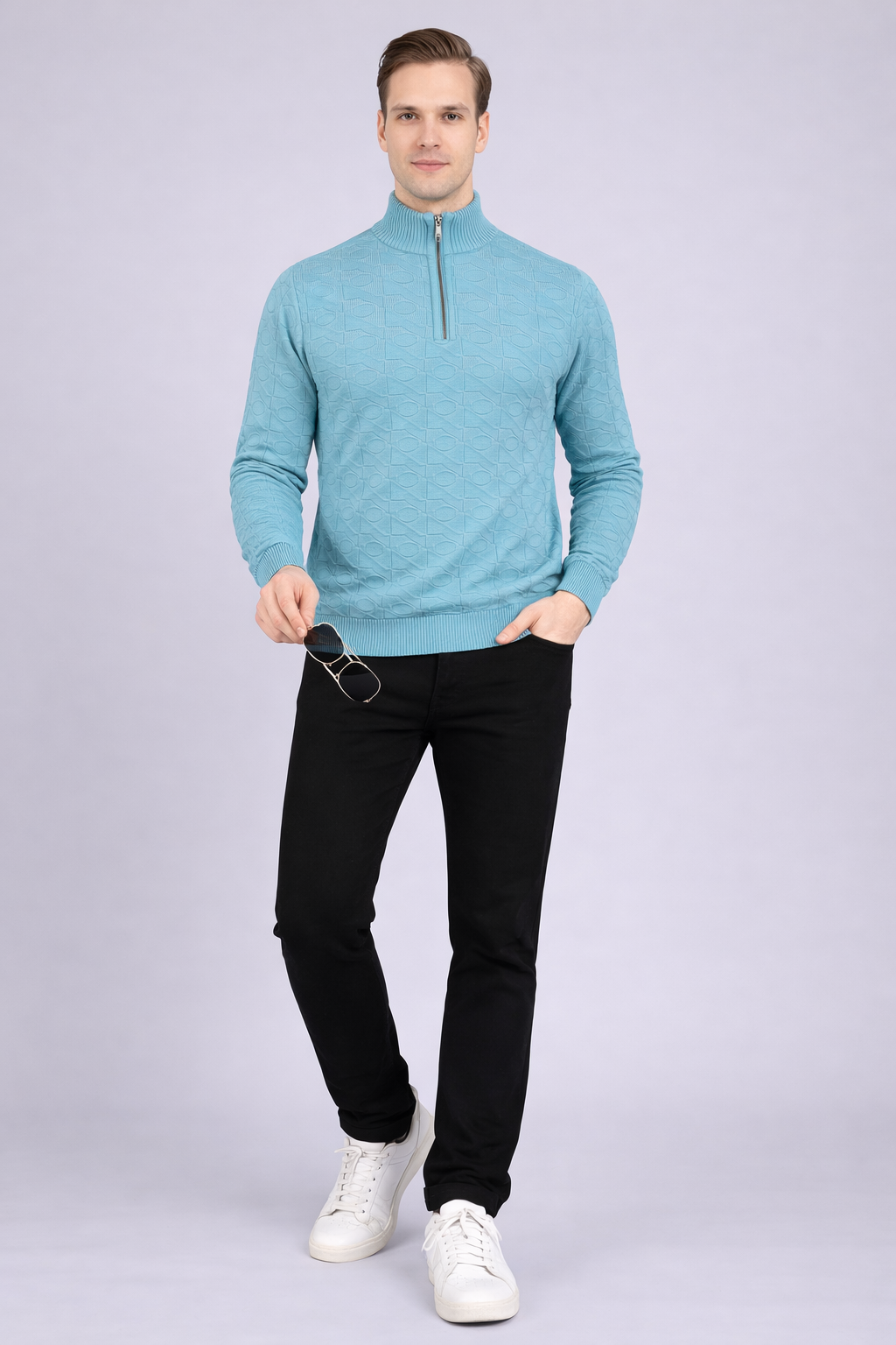 FEVERFEW Men Self Design High Neck Half Zip Sweater