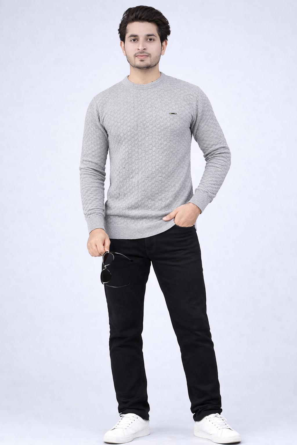 FEVERFEW Men Self Design Round Neck Sweater