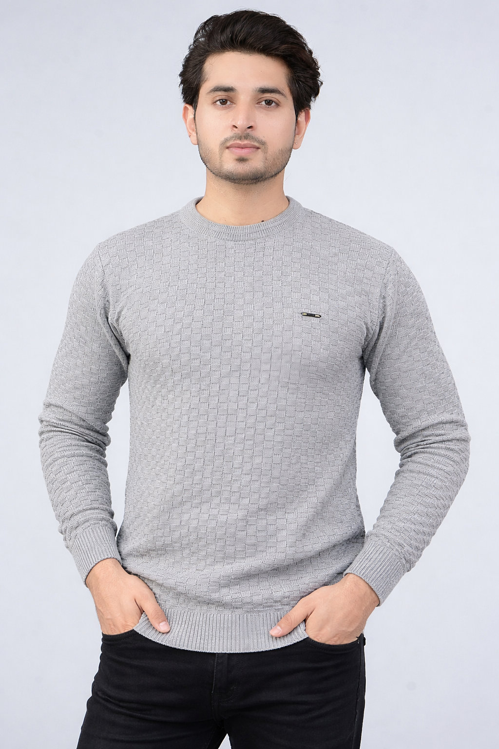 FEVERFEW Men Self Design Round Neck Sweater