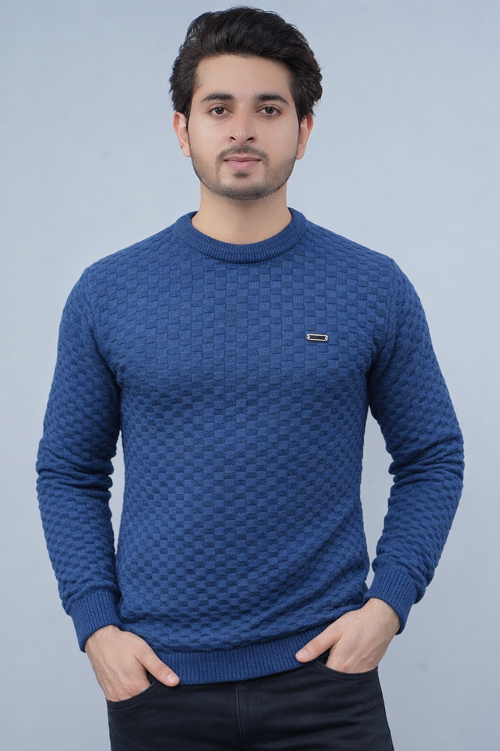 FEVERFEW Men Self Design Round Neck Sweater