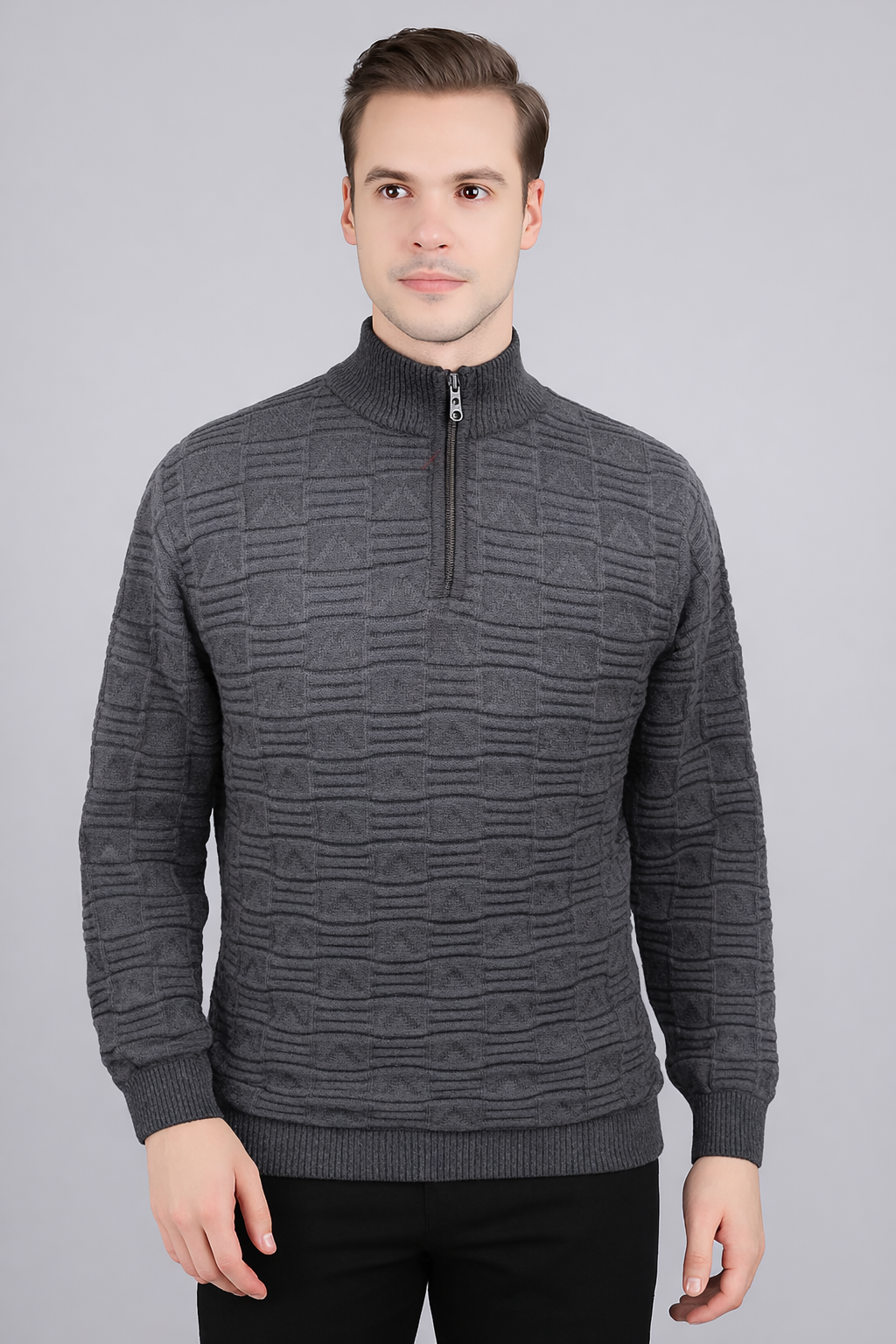 FEVERFEW Men Self Design High Neck Half Zip Sweater