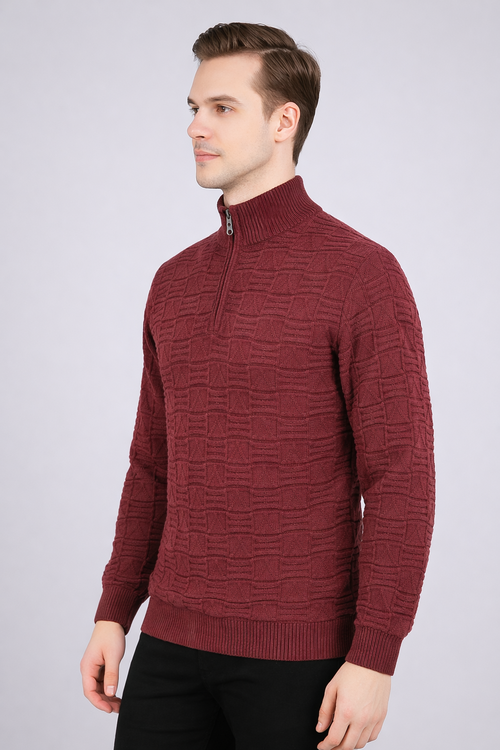FEVERFEW Men Self Design High Neck Half Zip Sweater
