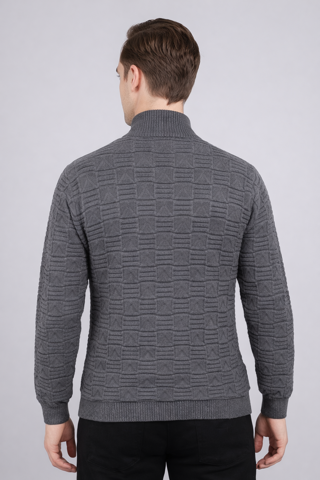 FEVERFEW Men Self Design High Neck Half Zip Sweater