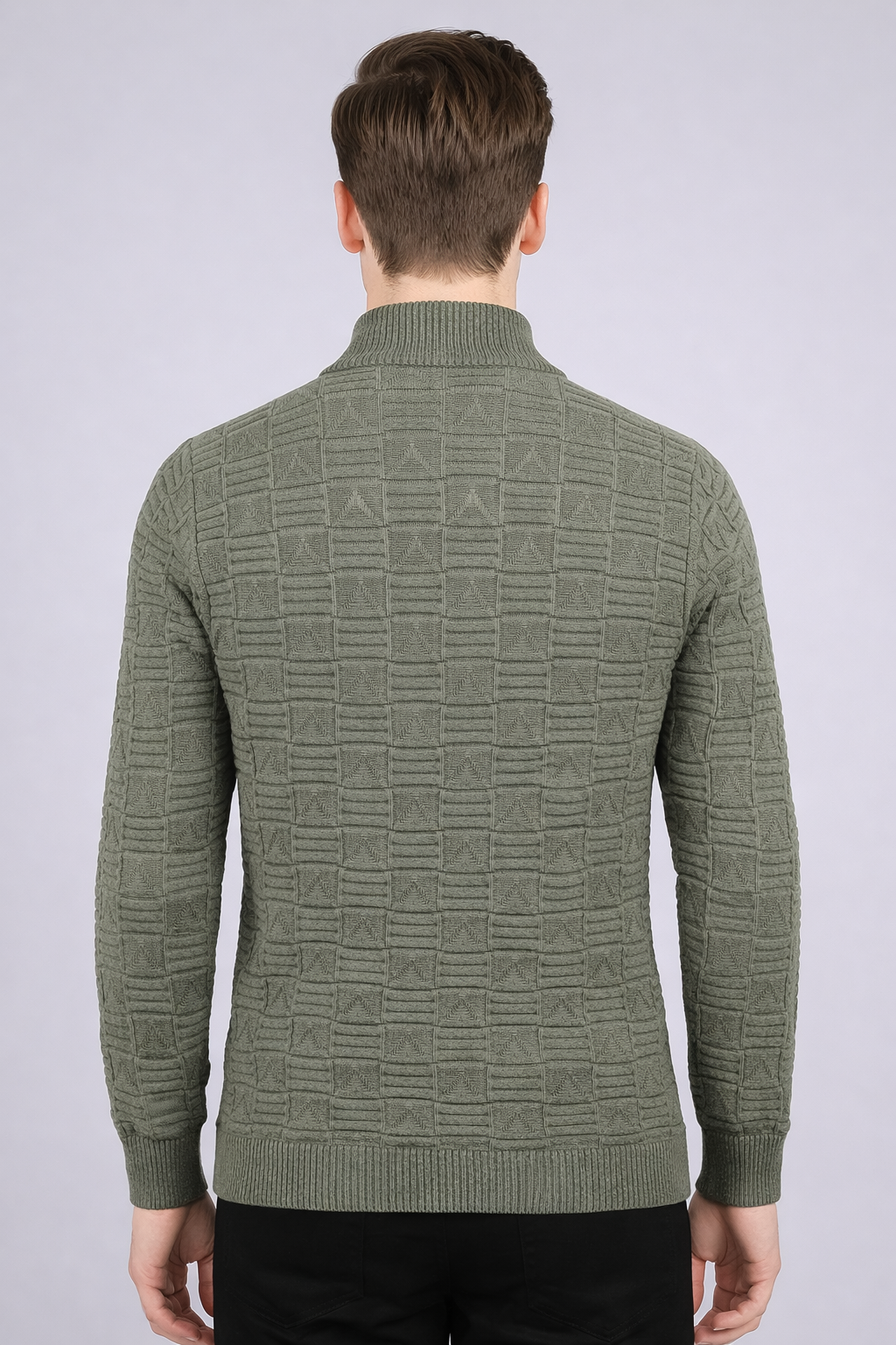 FEVERFEW Men Self Design High Neck Half Zip Sweater