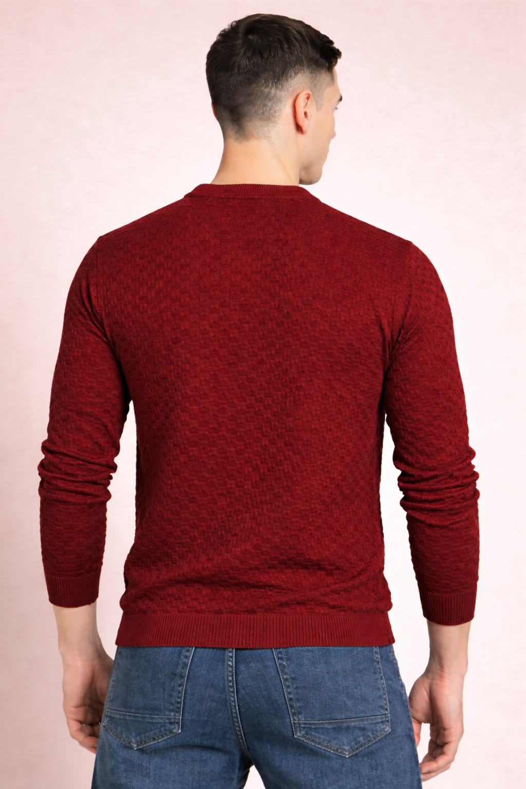 FEVERFEW Men Self Design Round Neck Sweater