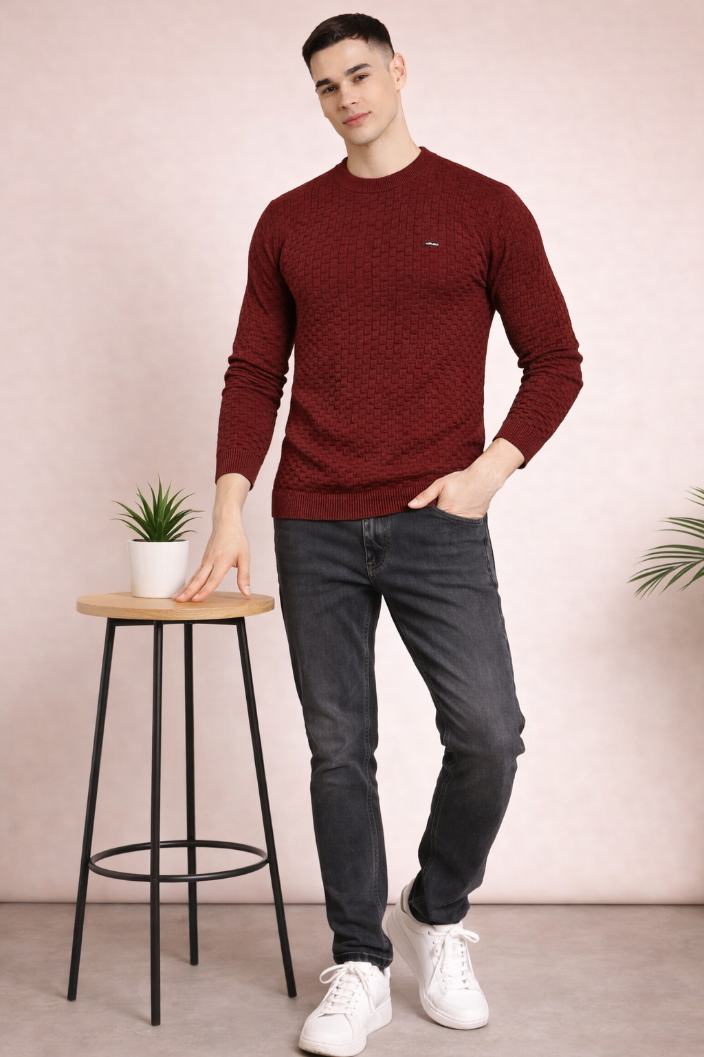 FEVERFEW Men Self Design Round Neck Sweater