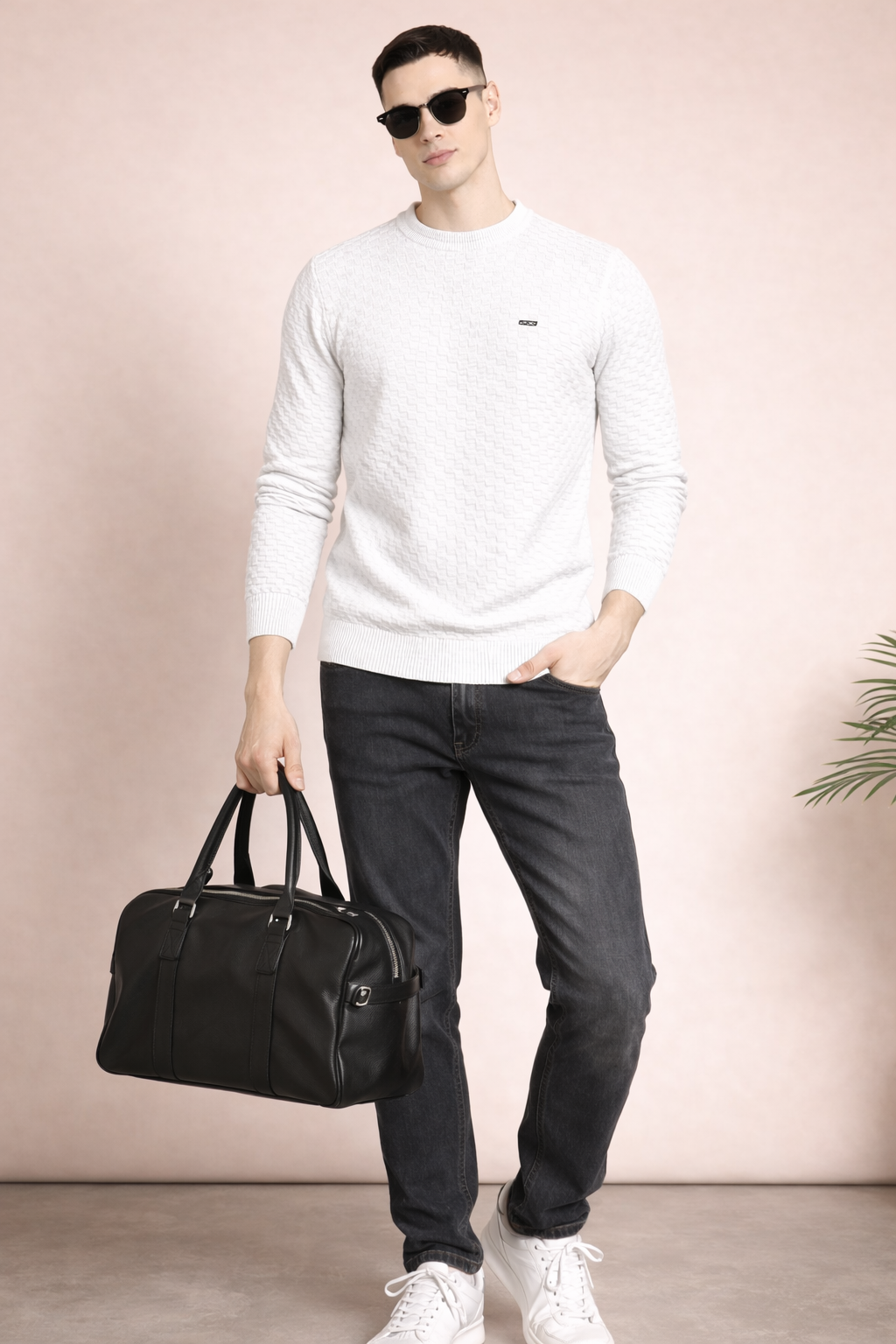 FEVERFEW Men Self Design Round Neck Sweater