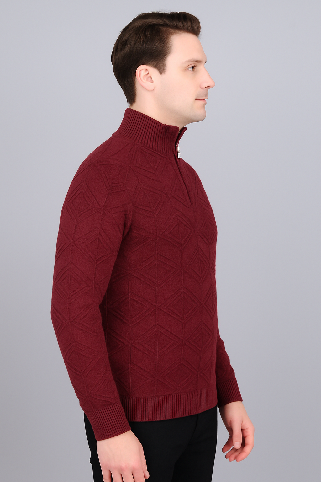 FEVERFEW Men Self Design High Neck Half Zip Sweater
