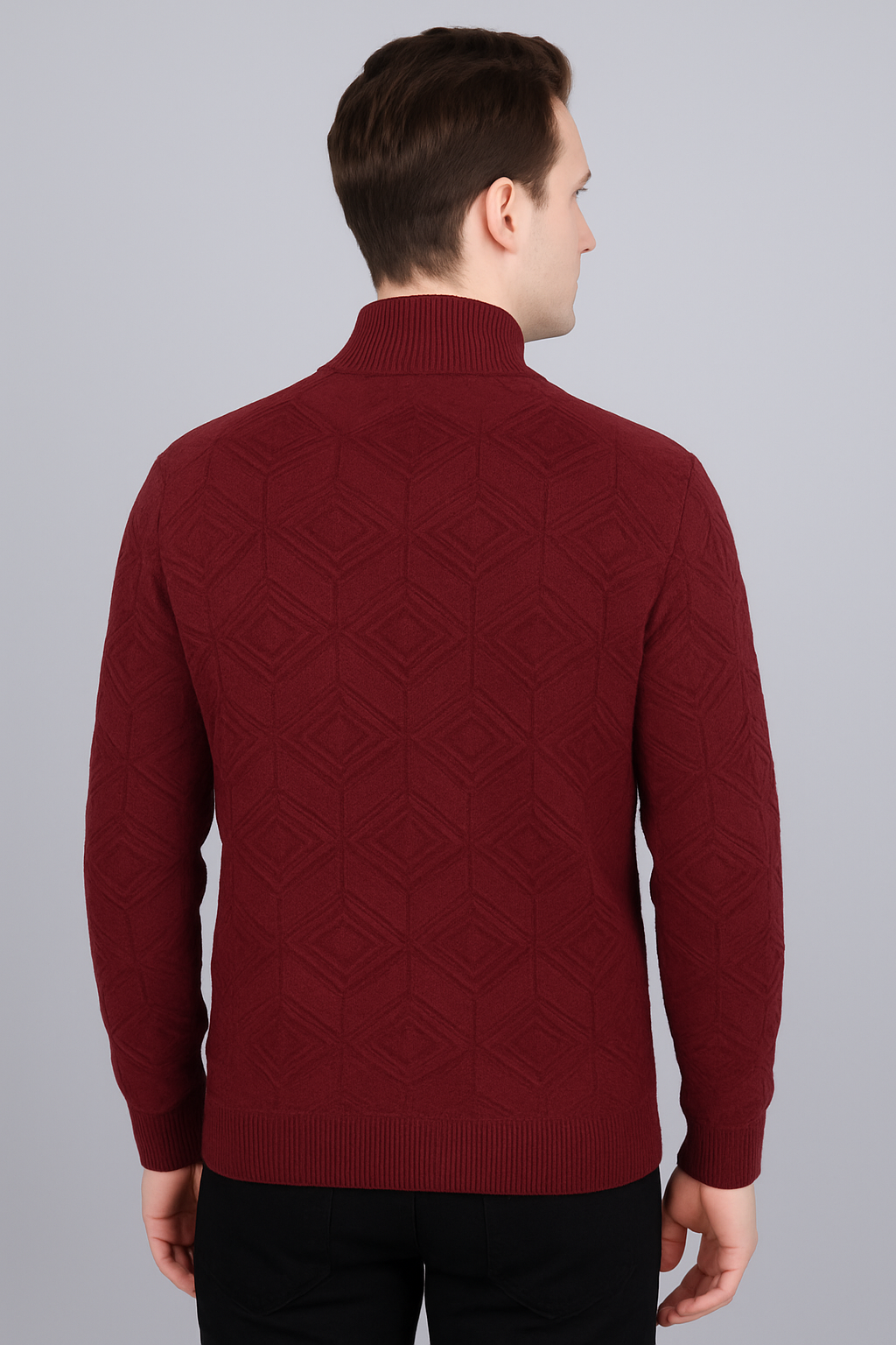 FEVERFEW Men Self Design High Neck Half Zip Sweater