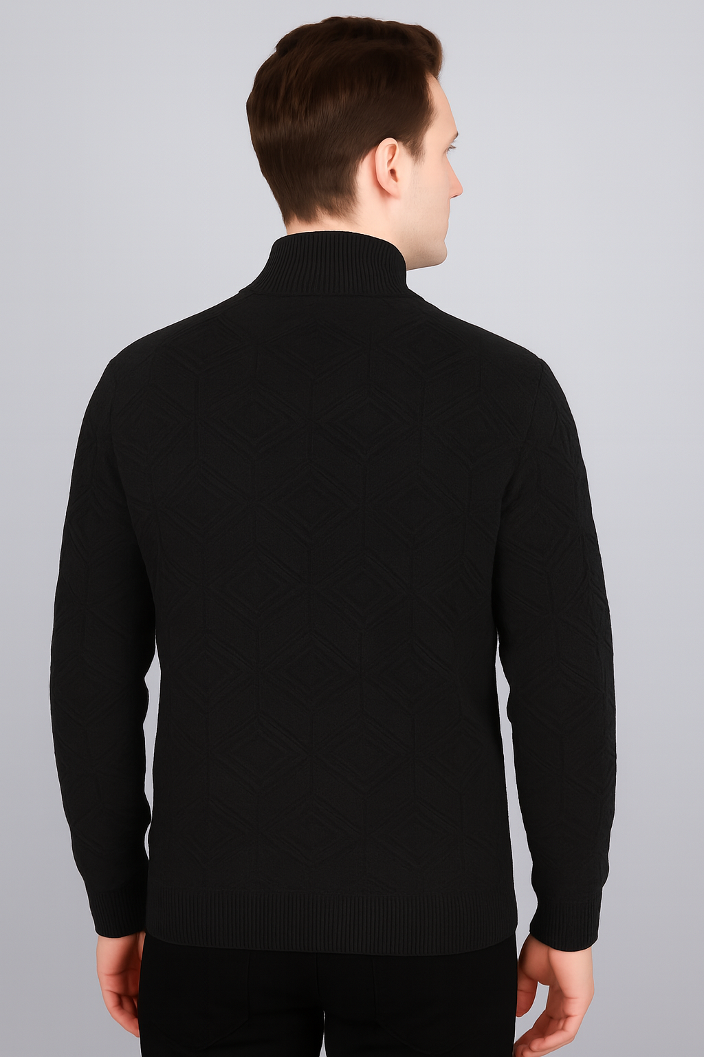 FEVERFEW Men Self Design High Neck Half Zip Sweater