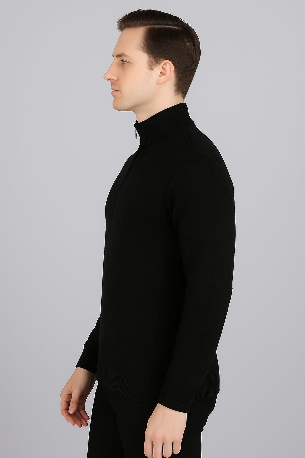 FEVERFEW Men Self Design High Neck Half Zip Sweater