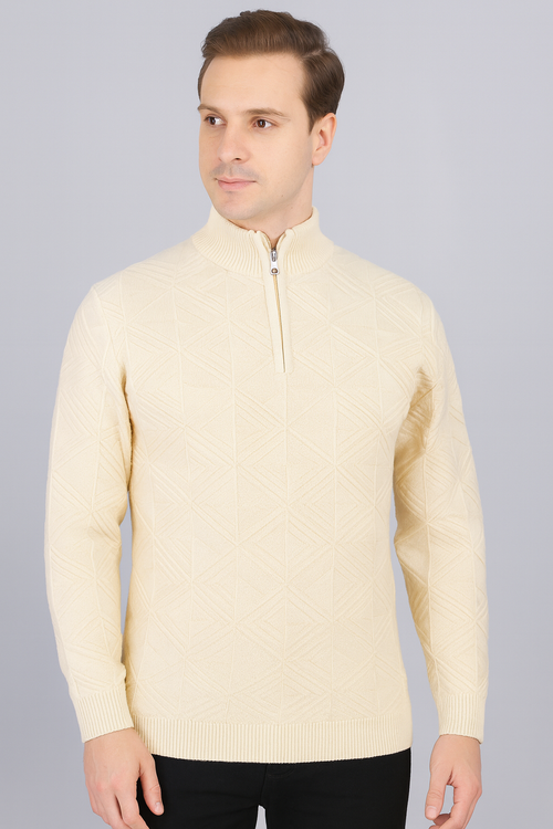 FEVERFEW Men Self Design High Neck Half Zip Sweater