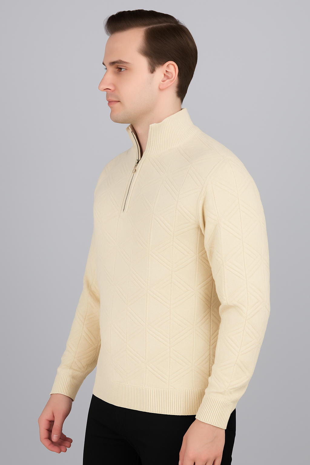 FEVERFEW Men Self Design High Neck Half Zip Sweater
