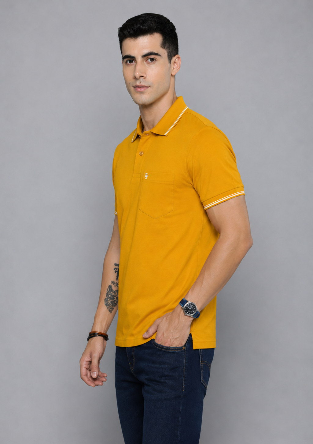 FEVERFEW Men Solid Polo Neck Cotton Blend Multicolor With Pocket T-Shirt (FF-TS-1504)