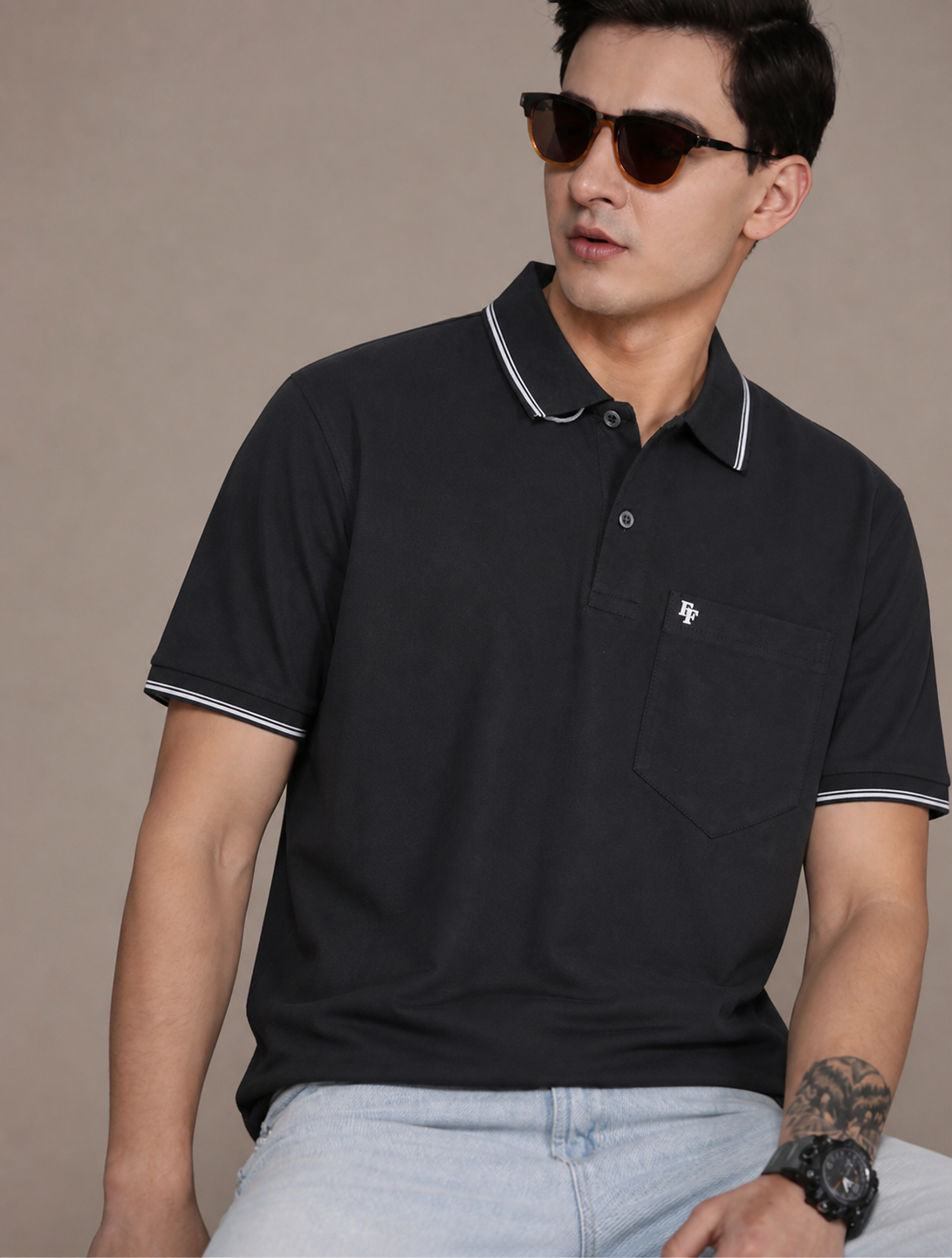 FEVERFEW Men Solid Polo Neck Cotton Blend Multicolor With Pocket T-Shirt (FF-TS-1504)