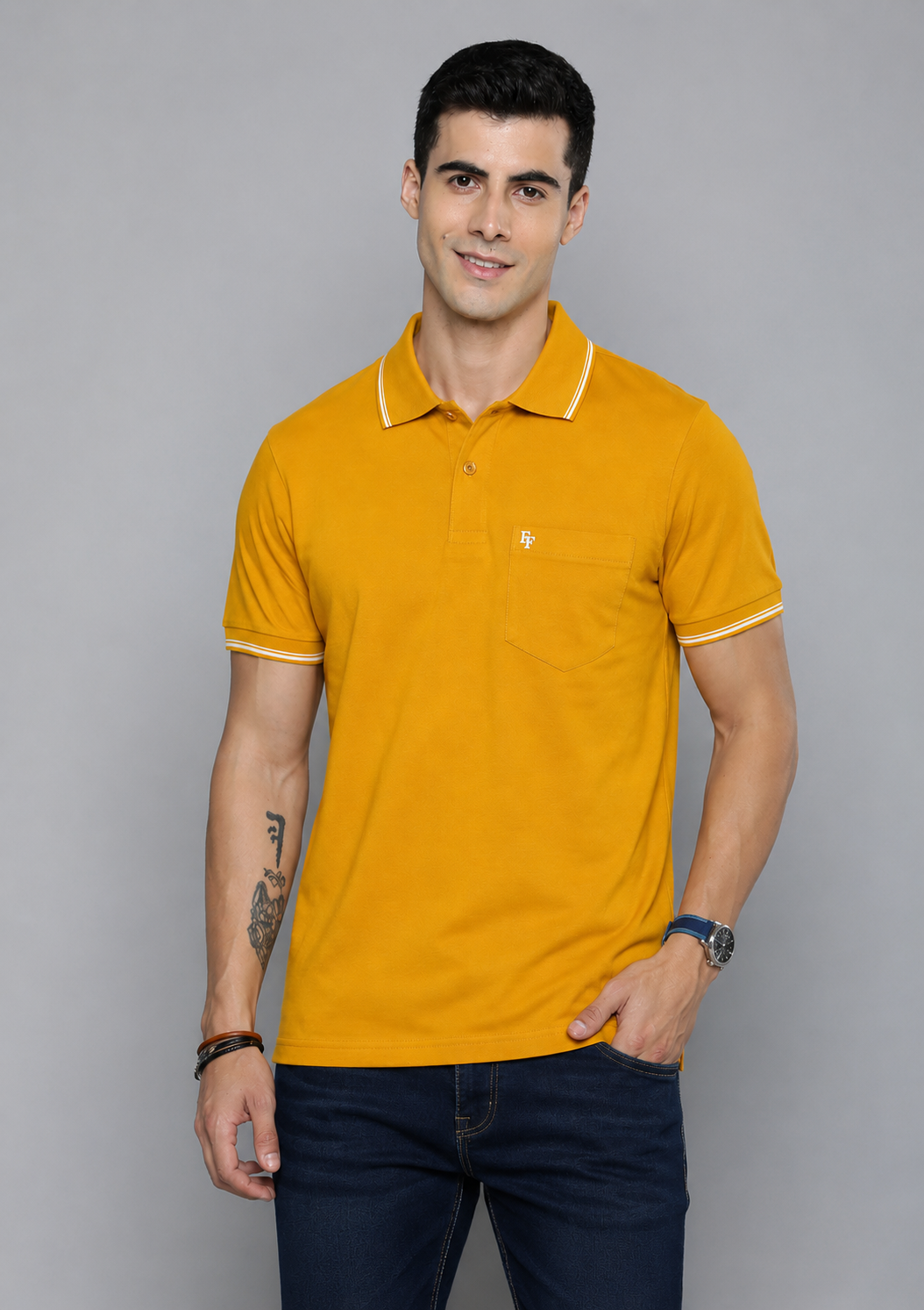 FEVERFEW Men Solid Polo Neck Cotton Blend Multicolor With Pocket T-Shirt (FF-TS-1504)