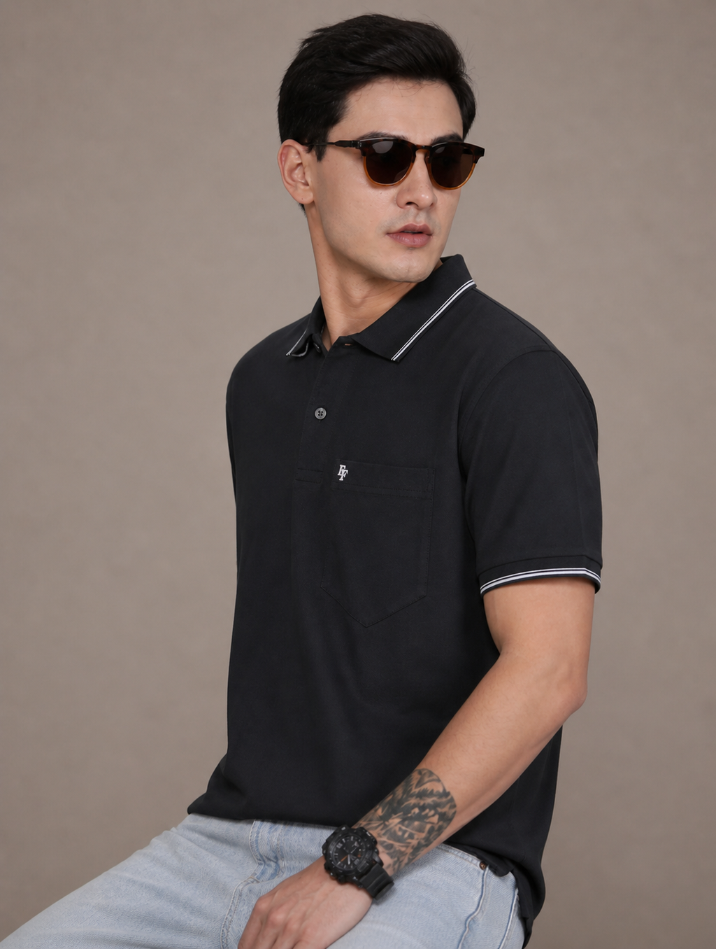 FEVERFEW Men Solid Polo Neck Cotton Blend Multicolor With Pocket T-Shirt (FF-TS-1504)