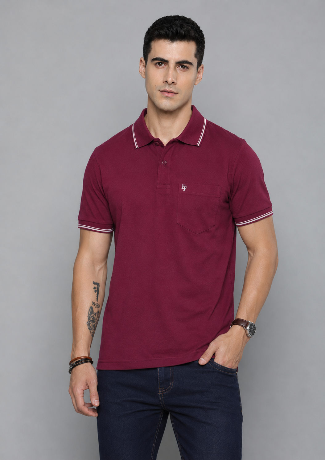 FEVERFEW Men Solid Polo Neck Cotton Blend Multicolor With Pocket T-Shirt (FF-TS-1504)